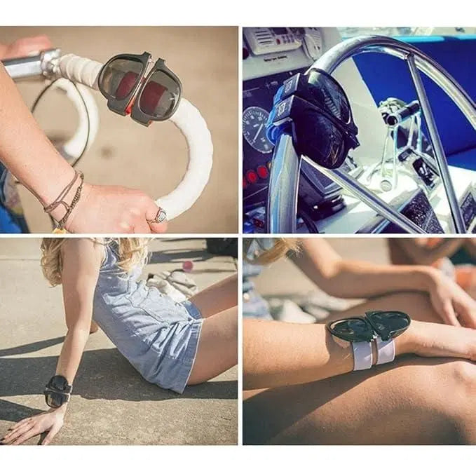 Foldable men's sunglasses bracelet by 1238, featuring stylish sunglasses attached to a flexible bracelet for versatile wear.