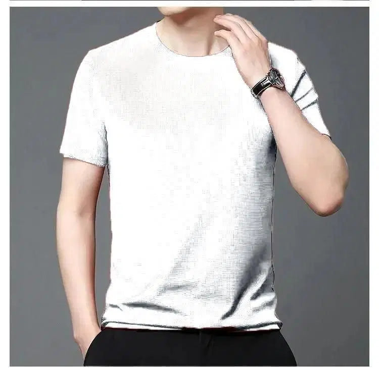 Pack of four 1238 men's polyester stretchable solid half-sleeve round neck T-shirts, black and navy colors, casual fit.