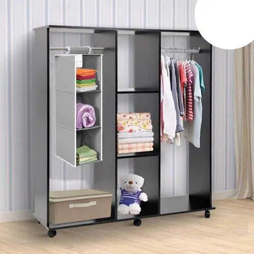 Cloth hanging wardrobe organizer with 3 shelves, ideal for storing utensils and accessories in closet or wardrobe.