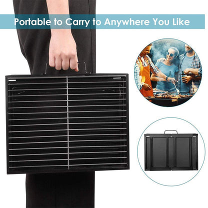 Wukusy 126 folding barbeque charcoal grill oven in black carbon steel, open view showing cooking grate and compact design