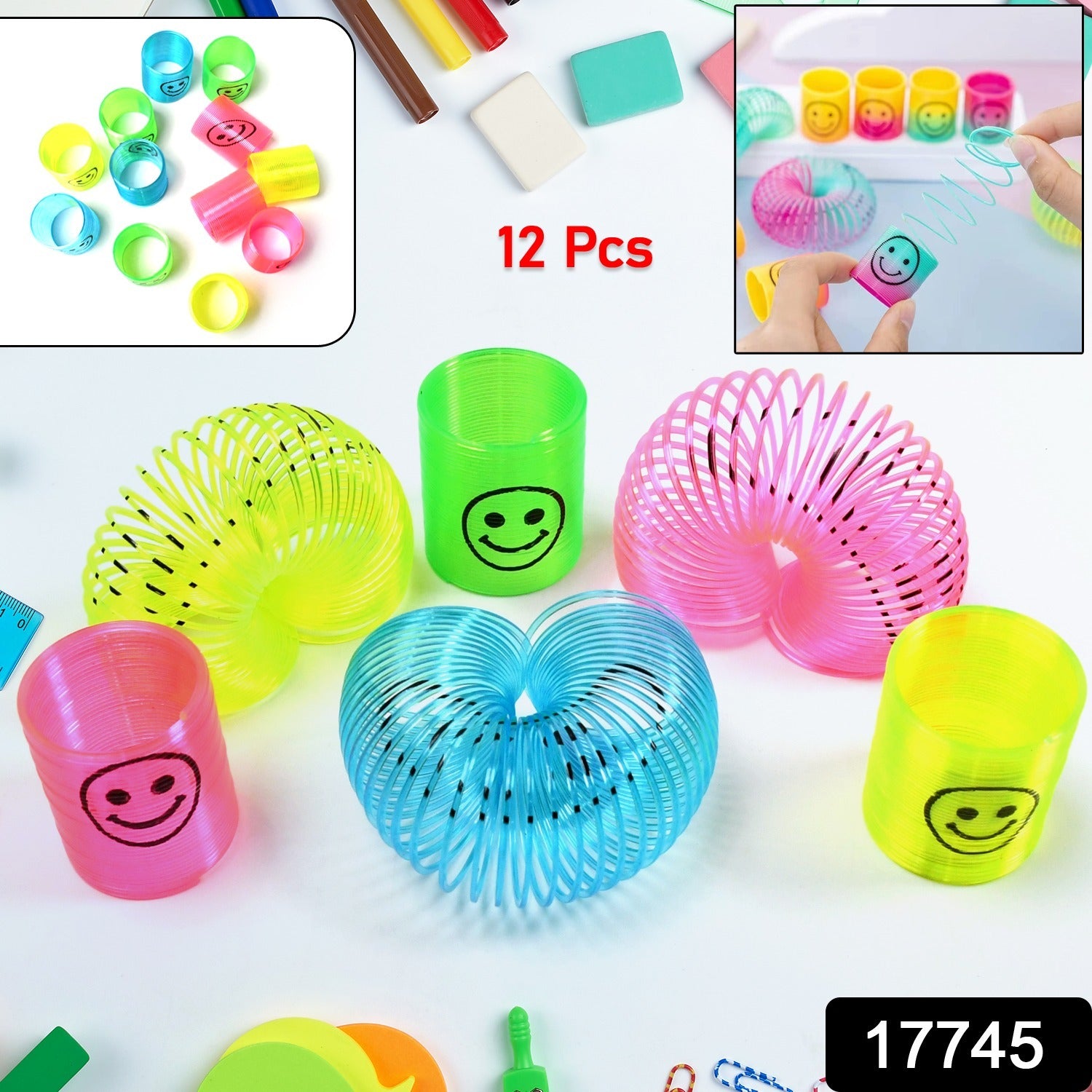 Set of 12 Wukusy multicolor smiley spring toys, portable fun slinky springs for kids, perfect for birthdays and easy to carry.
