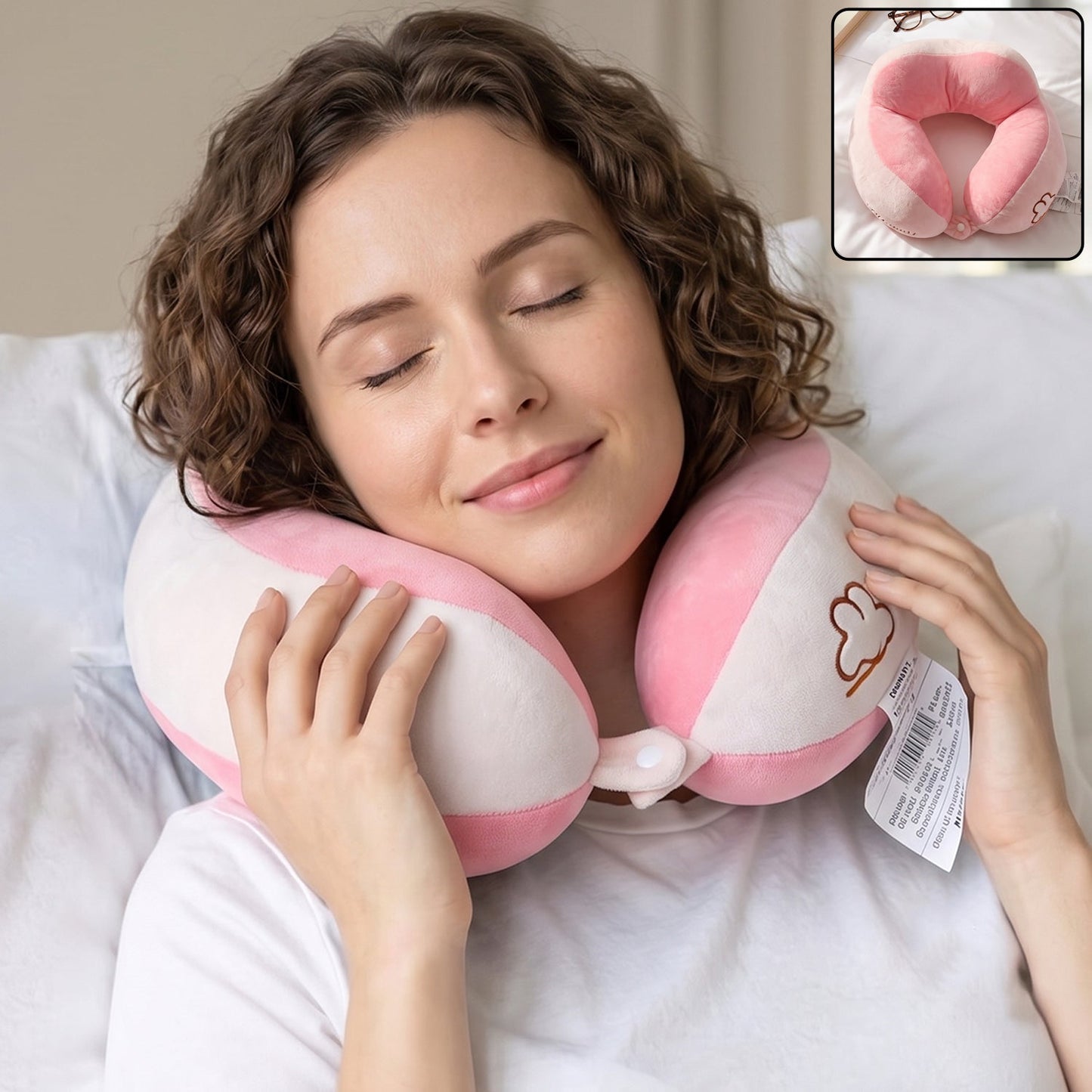Pink plush U-shaped travel neck pillow with white accents, soft head and neck support for comfortable travel by Wukusy.