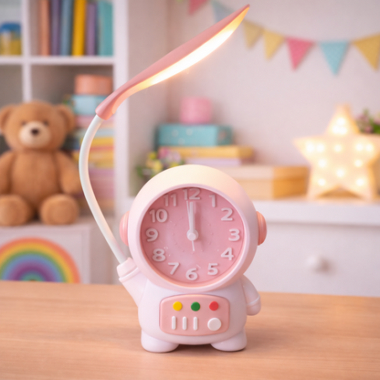 Wukusy astronaut table lamp with built-in clock, ideal for kids' study desks and bedrooms, featuring a playful space-themed design.