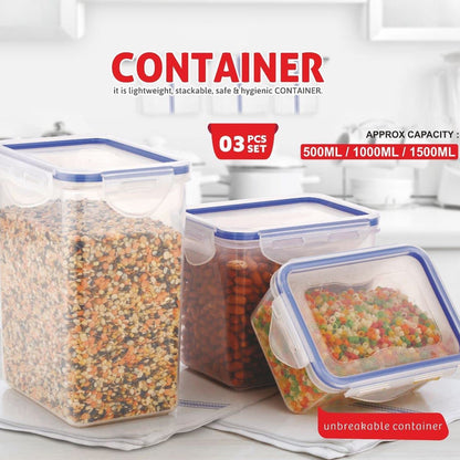 Wukusy 3-piece rectangle food storage containers with airtight leak-proof lids, transparent plastic, 500ml, 1000ml, 1500ml capacities