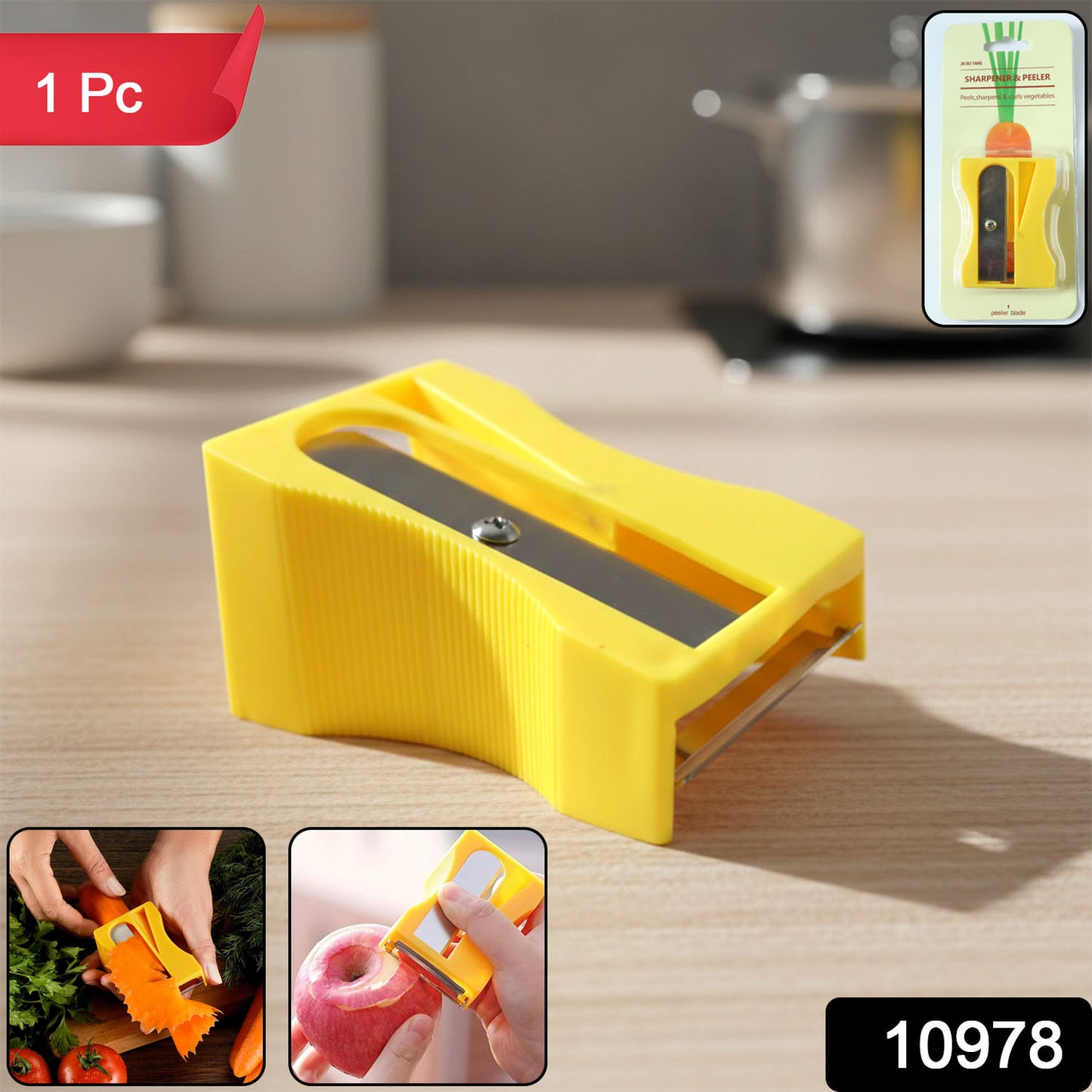 Wukusy multipurpose vegetable peeler tool for peeling and sharpening vegetables, shown with a handle and sharp blade.