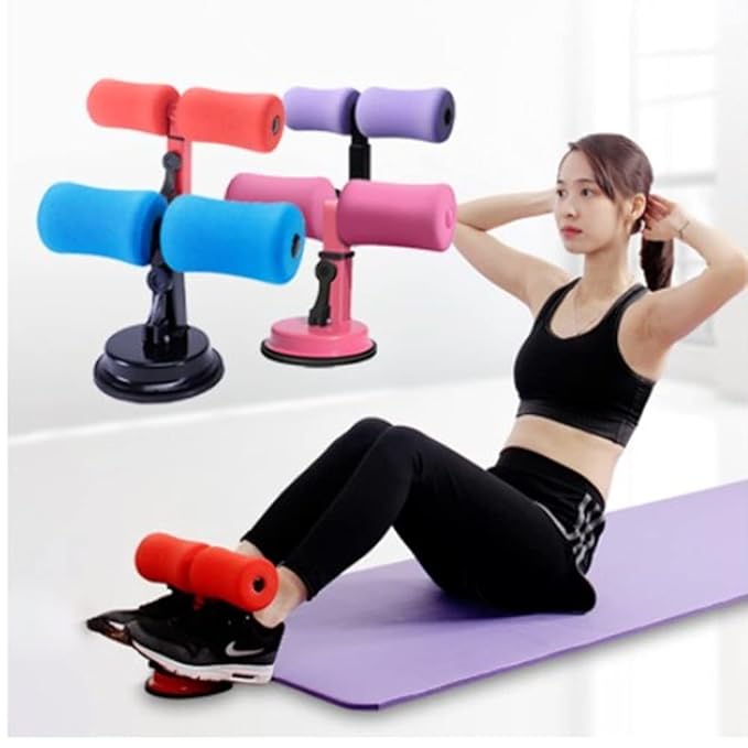 Multicolor sit-up bar with foam handles and rubber suction seat for abdominal workouts, push-ups, and core exercises at home.
