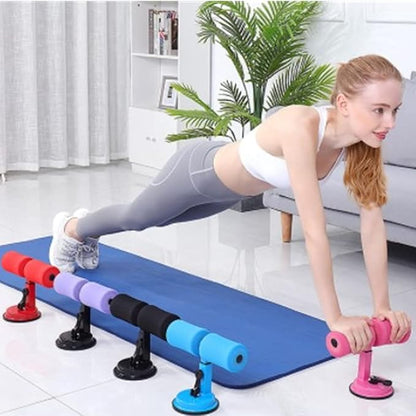 Multicolor sit-up bar with foam handle and rubber suction seat for abdominal curls, push-ups, and home fitness workouts.