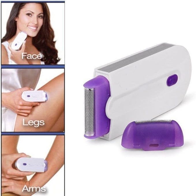 Purple rechargeable epilator and men's trimmer by 13162 with smooth touch hair removal and pain-free razor sensor.