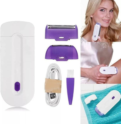 Purple rechargeable epilator and hair remover for men, featuring smooth touch, pain-free shaving, and sensor technology.