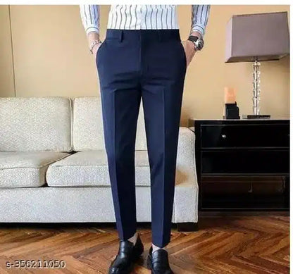 Men's navy blue cotton trousers with belt loops, tailored fit, and front pockets, size 28, from 13266 men's trousers collection.