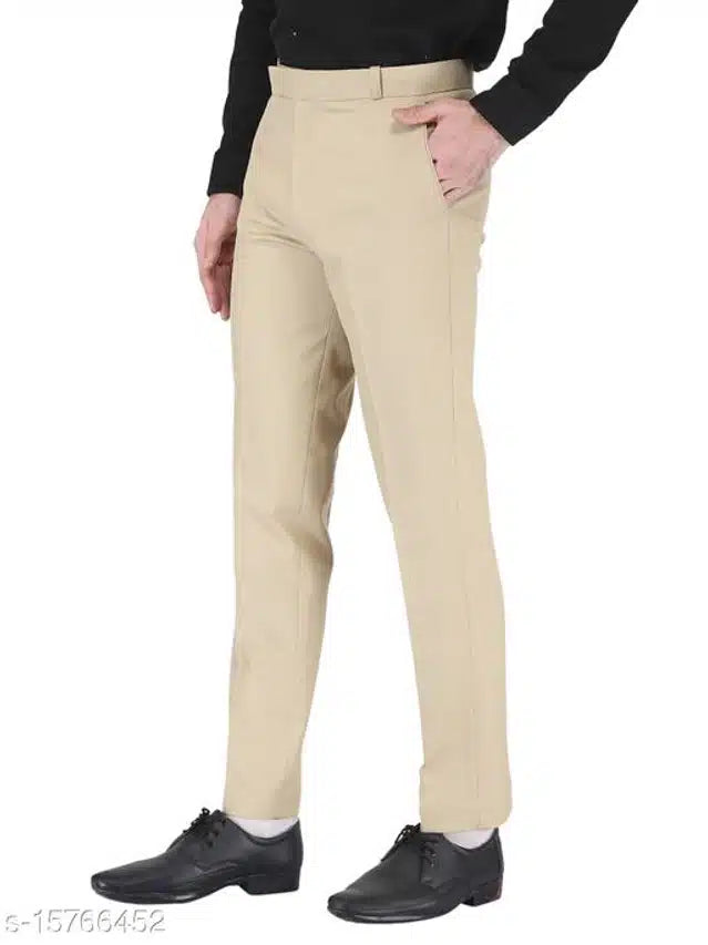 Cream cotton blend men's trousers with a relaxed fit, size 28, showing the smooth fabric and tailored design.