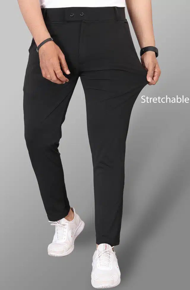 Black men's Lycra blend trousers, size 28, featuring a sleek fit and comfortable fabric for a stylish look.