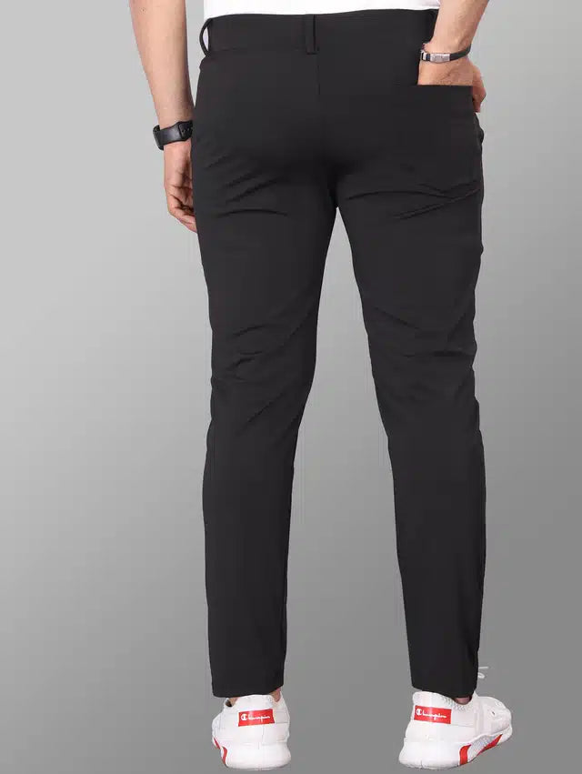 Black Lycra blend men's trousers, size 28, showcasing slim fit design and comfortable fabric for versatile wear.