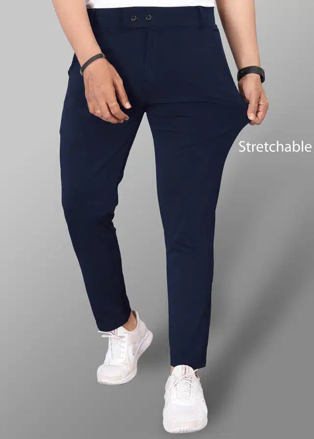 Navy blue Lycra blend men's trousers, size 28, featuring a tailored fit and classic style for versatile wear.