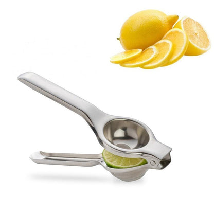 Wukusy stainless steel lemon squeezer kitchen tool with ergonomic handle and ribbed pressing surface for fresh juice extraction.
