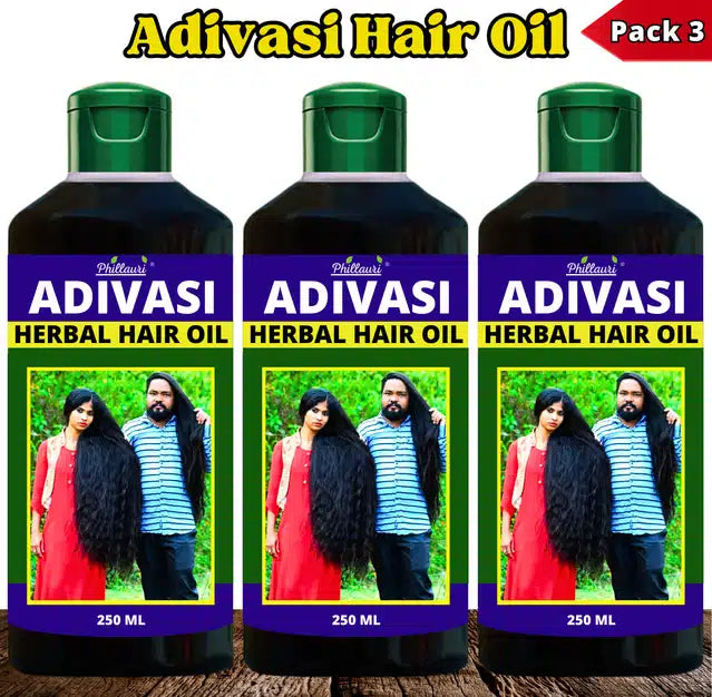 Pack of three Phillauri Adivasi Natural Hair Oils by 13373, 250 ml herbal hair oil bottles with natural ingredients.