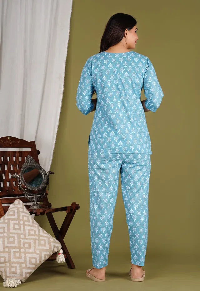 Aqua blue floral print co-ord set for women and girls, trendy stylish kurti set with matching top and bottom from 13374.