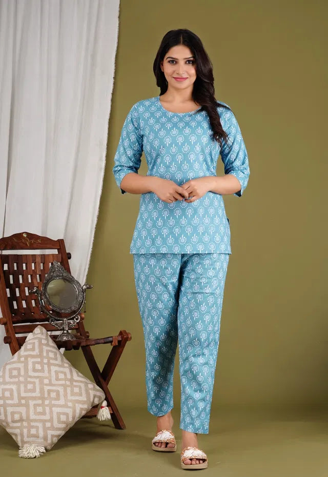 Aqua blue floral print women's co-ord set by 13374 featuring a trendy, stylish kurti and matching pants for girls and women.
