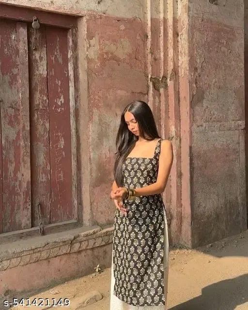 Black women's printed sleeveless kurta from 13374, featuring a straight fit and stylish design, perfect for casual or semi-formal wear.
