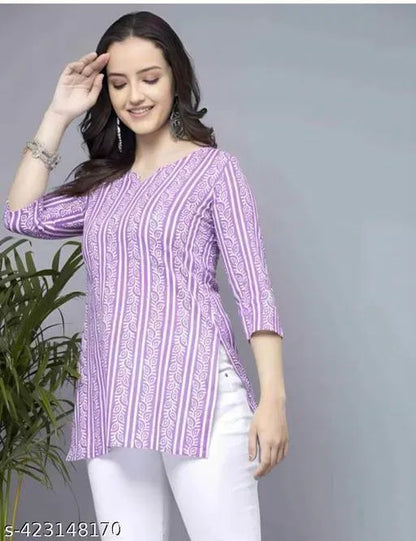 Lavender short kurti for women, stylish pure cotton kurti from 13374, casual ethnic wear with a comfortable fit.