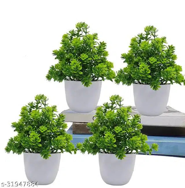 Set of four artificial plants with green and white flowers and shrubs in pots, perfect for home decor and indoor arrangements.