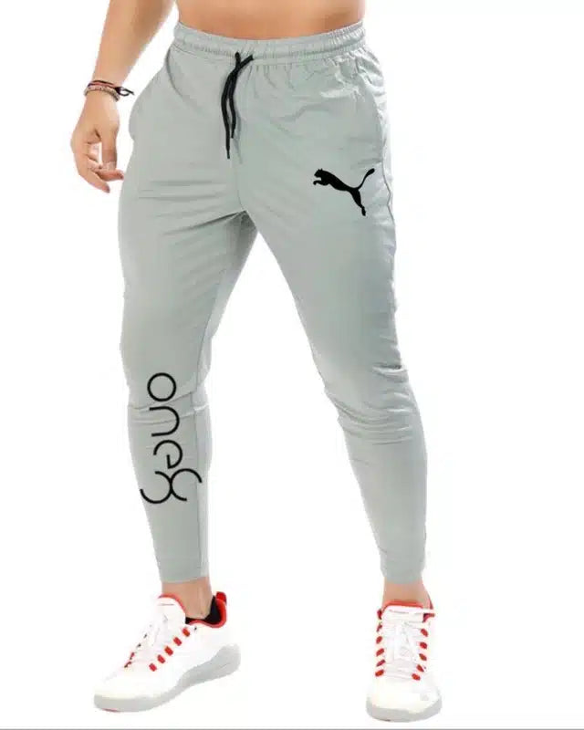 Men's grey polyester track pants, size 28, showcasing comfortable athletic fit and casual style.