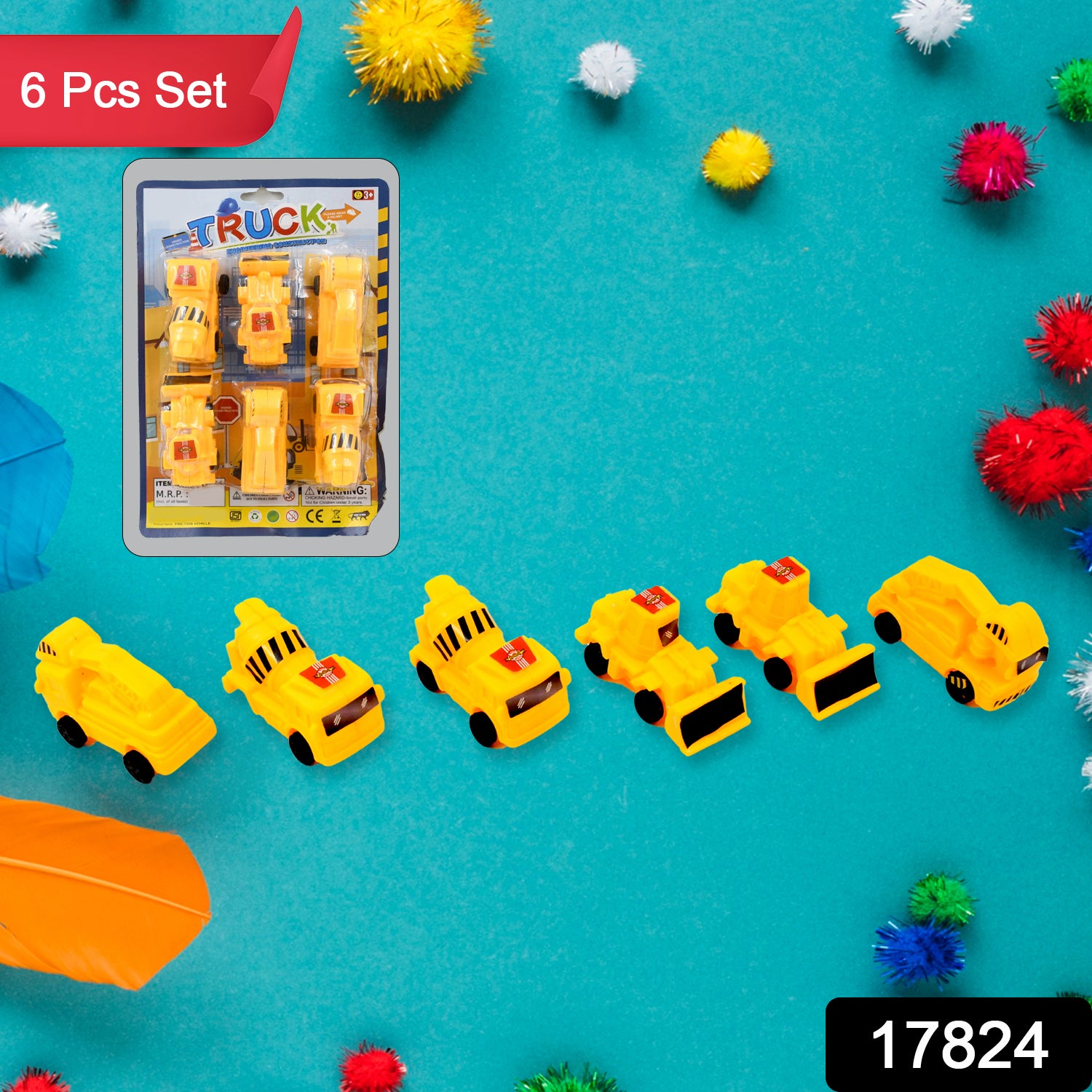 Wukusy construction toy set featuring miniature crane, excavator, road roller, forklift, mixer truck, and transporter for kids' play