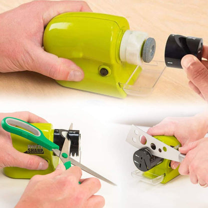 Wukusy 135 cordless motorized knife blade sharpener tool for kitchen use, with sharpening slot and ergonomic design.