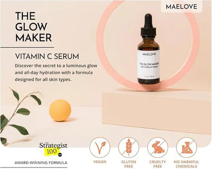 Ice cube mold tray with Maelove Hydrating Facial Serum containing vitamins C, E, ferulic acid, and hyaluronic acid.