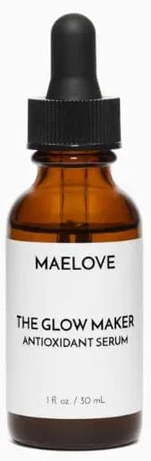 Set of 1361 ice cube molds and trays with Maelove hydrating facial serum bottles featuring vitamins C, E, ferulic acid, and hyaluronic acid.
