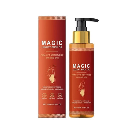 Luxury Magic Body Oil from 1361 massage oil collection, showing a sleek bottle with a golden label and smooth liquid inside.