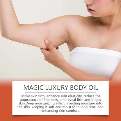 Bottle of Magic Luxury Body Oil from 1361 massage oils collection, with elegant packaging and golden accents.