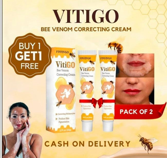 Two bottles of 1361 Bee Venom Vitigo Correcting Cream for stretch marks and scars, featuring cream containers with labeling.