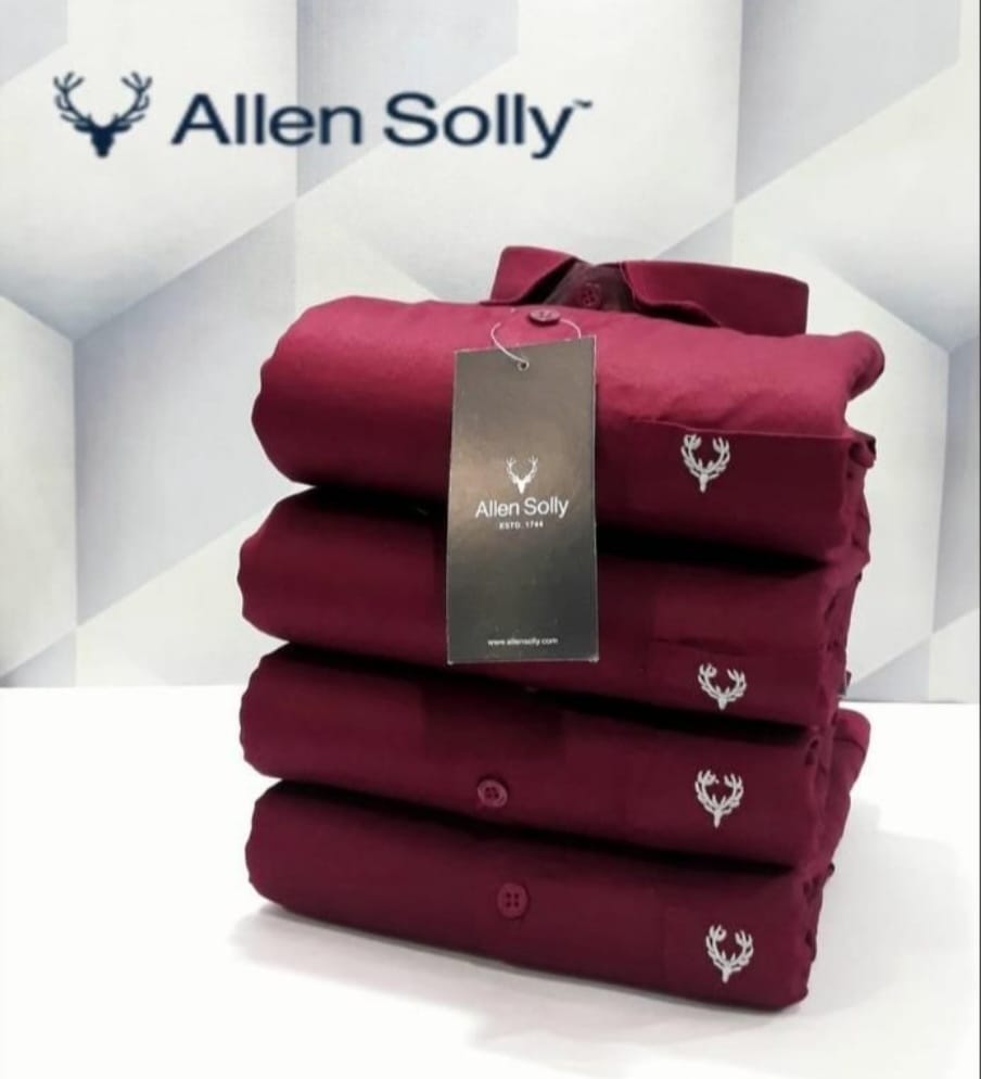 Maroon men's cotton full-sleeves shirt from 1394, shown on a hanger with button-down front and collar.