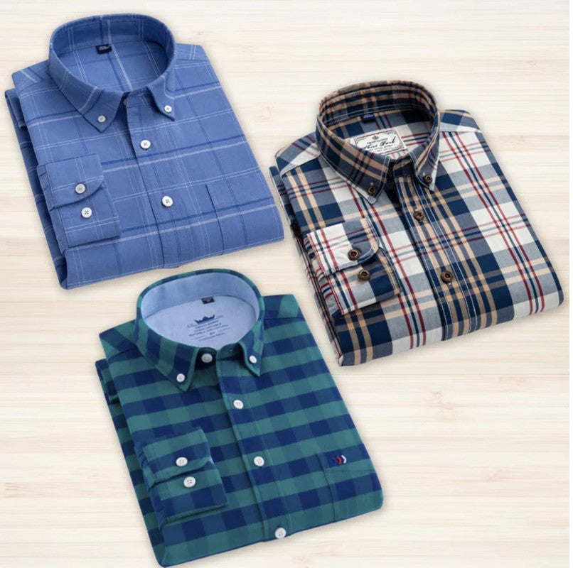 Pack of three men's check shirts by 1394 in multicolor, featuring classic button-down style and plaid patterns.