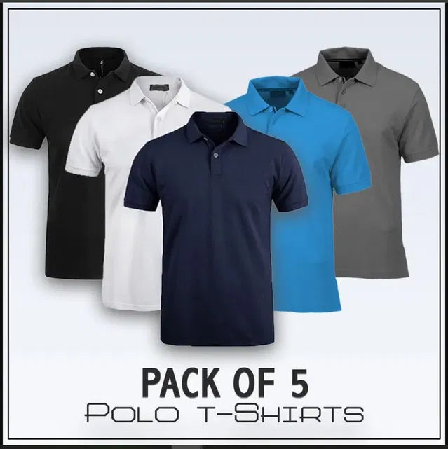Pack of 5 men's multicolor polo T-shirts by 1394, showing various colors and classic polo collar designs.