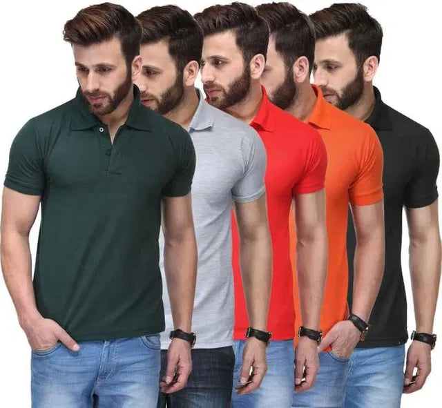 Pack of 5 men's multicolor polo t-shirts by 1394, featuring classic collar and short sleeves, arranged in a display.