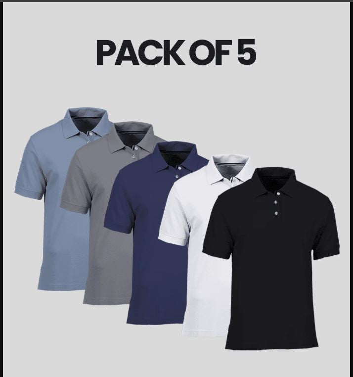 Pack of 5 men's Vason polo T-shirts in multicolor, casual fit, made by brand 1394, displayed laid out with vibrant colors.