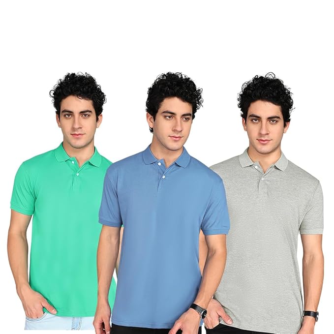 Pack of 3 men's multicolor polo neck T-shirts by 1394, showing different colors and classic polo collar styles.
