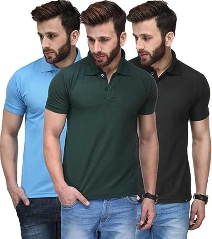 Pack of 3 men's polo neck T-shirts in multicolour by 1394, showcasing casual men's T-shirts with polo collars.