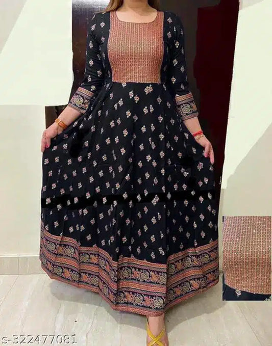 Black and peach printed Anarkali rayon kurti for women, showcasing intricate patterns and a traditional design.