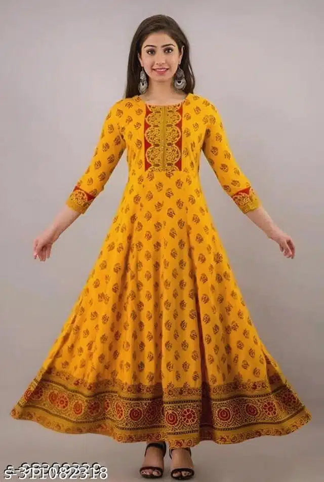Orange Anarkali Rayon Printed Kurti for Women, size small, featuring traditional design and vibrant patterns.