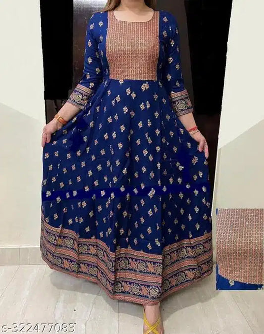 Royal blue and peach printed Anarkali rayon Kurti for women, size small, featuring traditional design and vibrant colors.