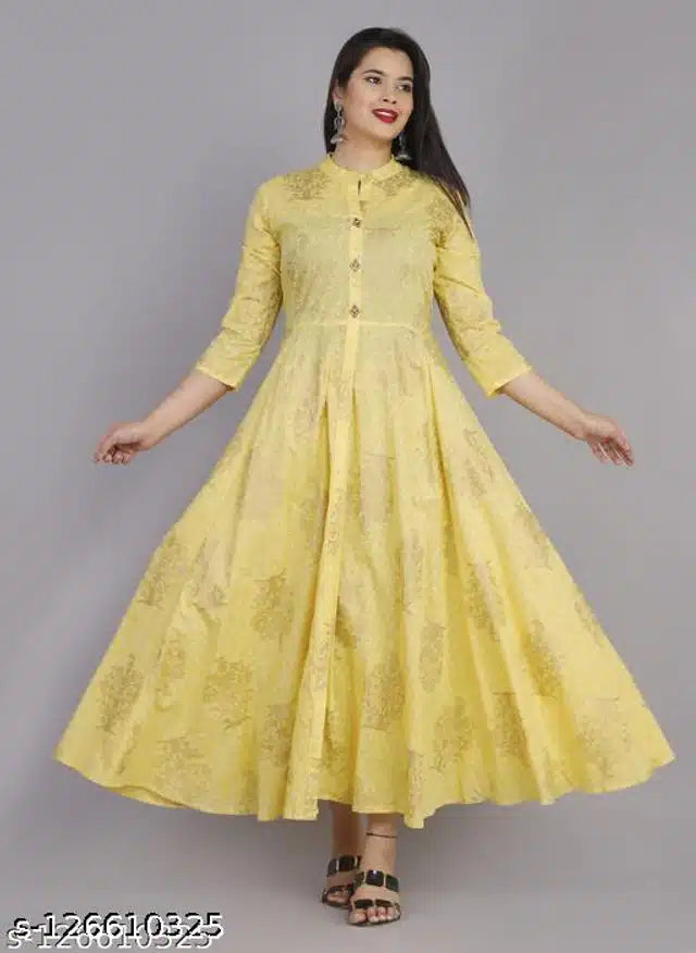 Yellow rayon Anarkali Kurti for women with printed design, available in size large, by 13975.