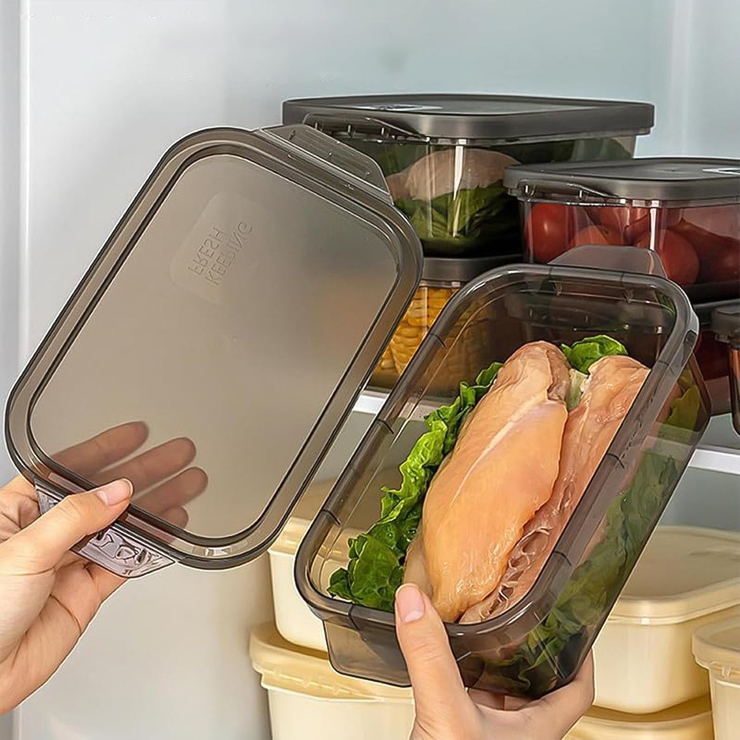 Set of three Wukusy rectangular food storage containers for kitchen organization and freshness, shown stacked and sealed.