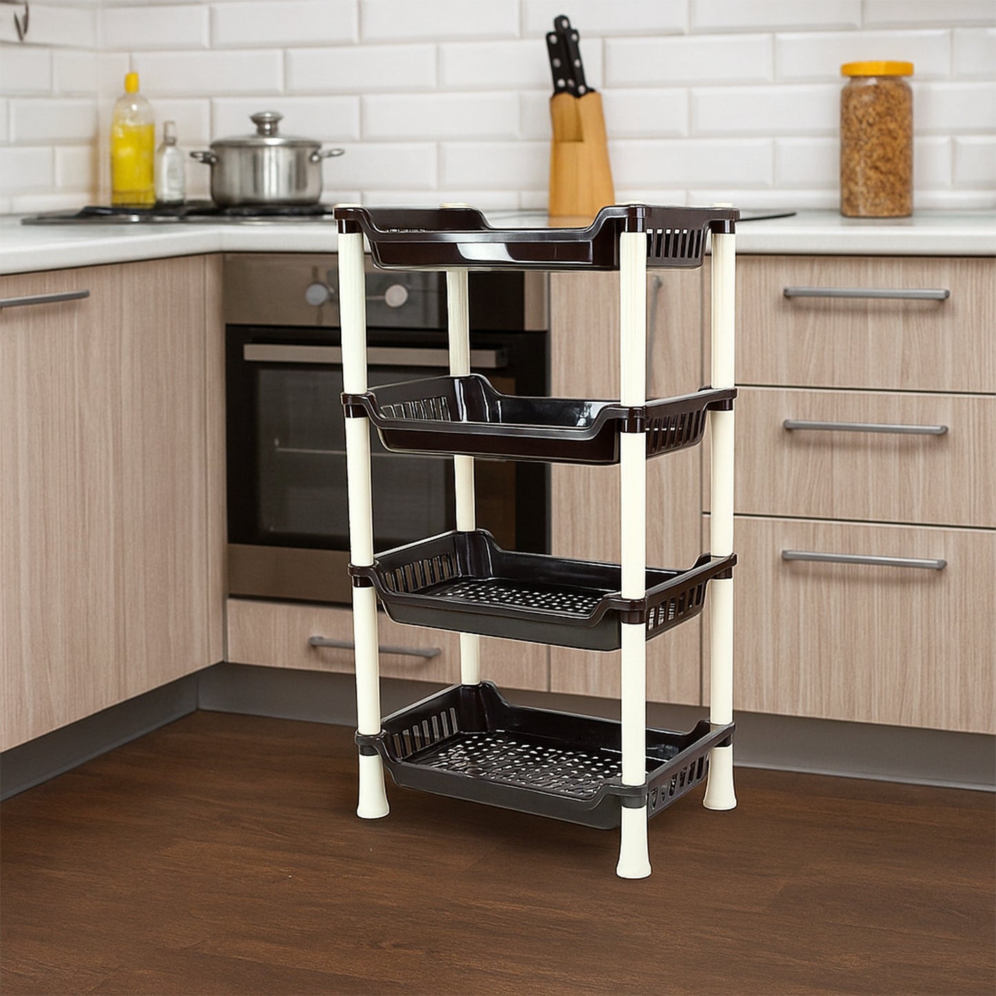 Wukusy Apex 4-layer small plastic storage rack with multiple compartments for home and kitchen organization.