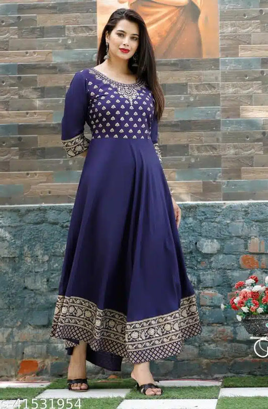 Blue rayon printed Anarkali Kurti for women, casual traditional dress, lightweight and comfortable, size small.