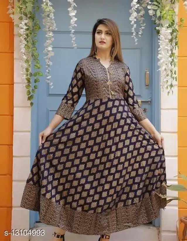 Navy blue rayon printed Anarkali Kurti for women, size small, with intricate patterns, traditional Indian style, from 14048 brand.