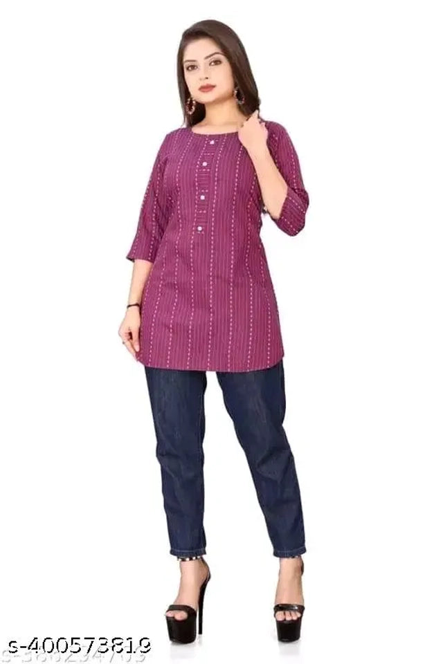 Purple cotton solid short kurti for women, size small, featuring traditional style and comfortable fabric from 14050 brand.