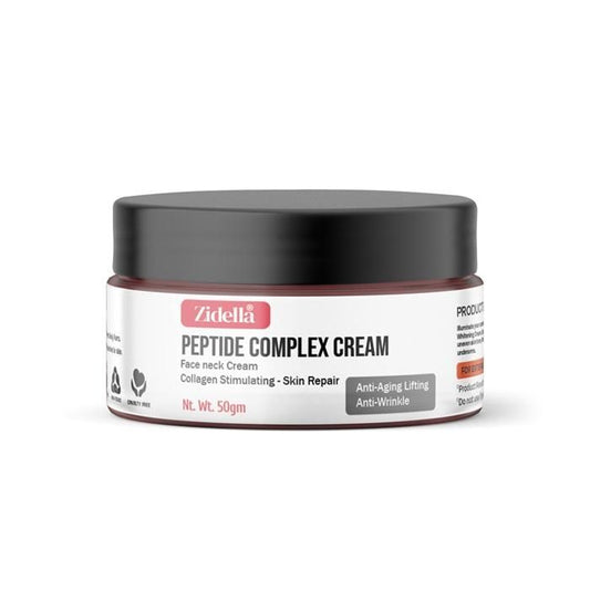 Zidella Complec Cream face and neck skin repair cream in a 50g container, shown with a multicolor background.